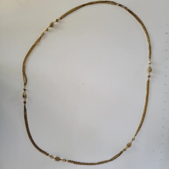 Vintage Long Gold Tone Chain Necklace With Filigree Beads And Textured Elegant - Picture 2 of 10